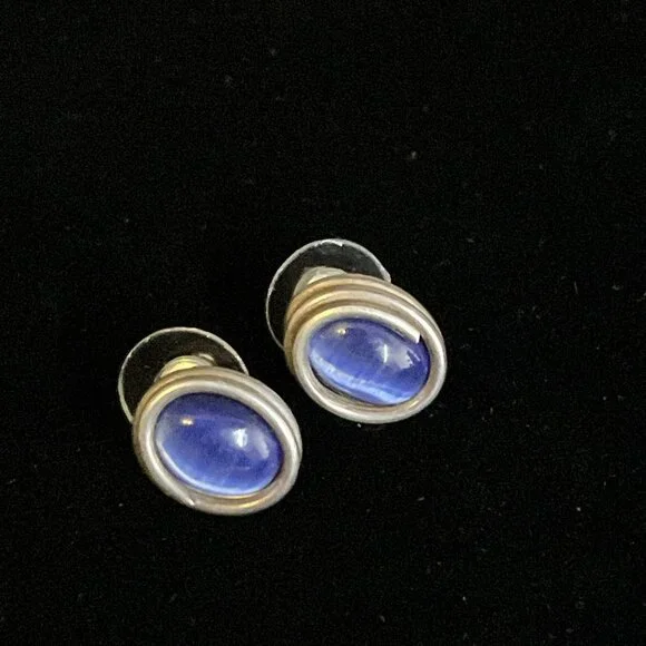Vintage Modernist Sterling Silver Blue Cat's Eye Stud Earrings Oval Cabochon - Picture 2 of 10